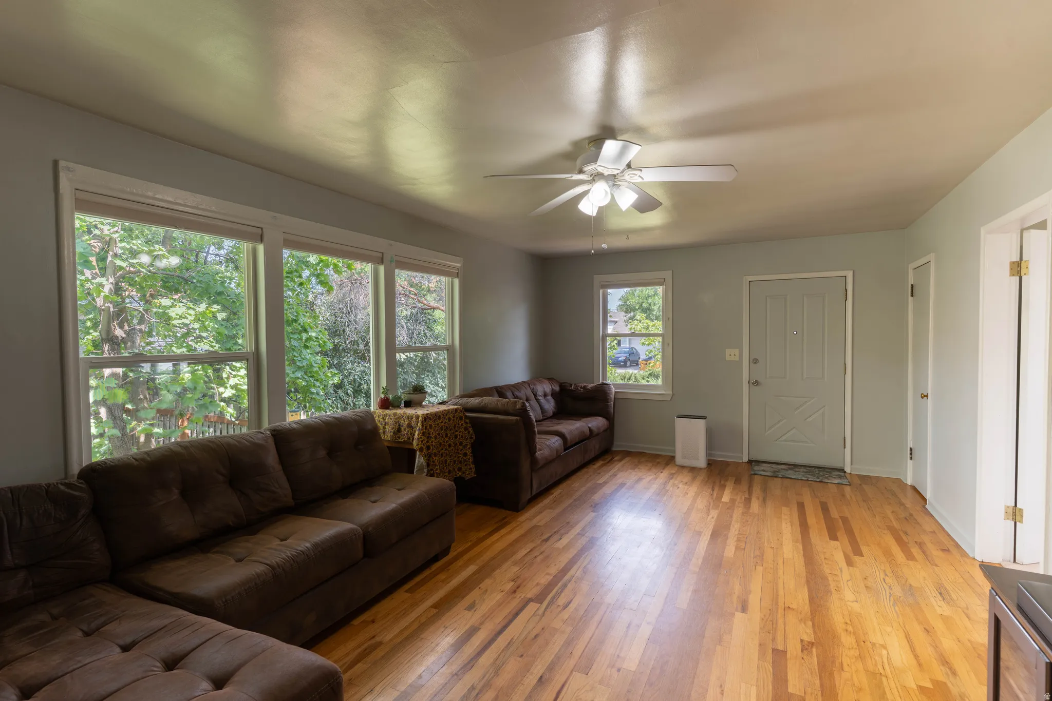 Living area featuring wood-finish flooring and newly touched up walls