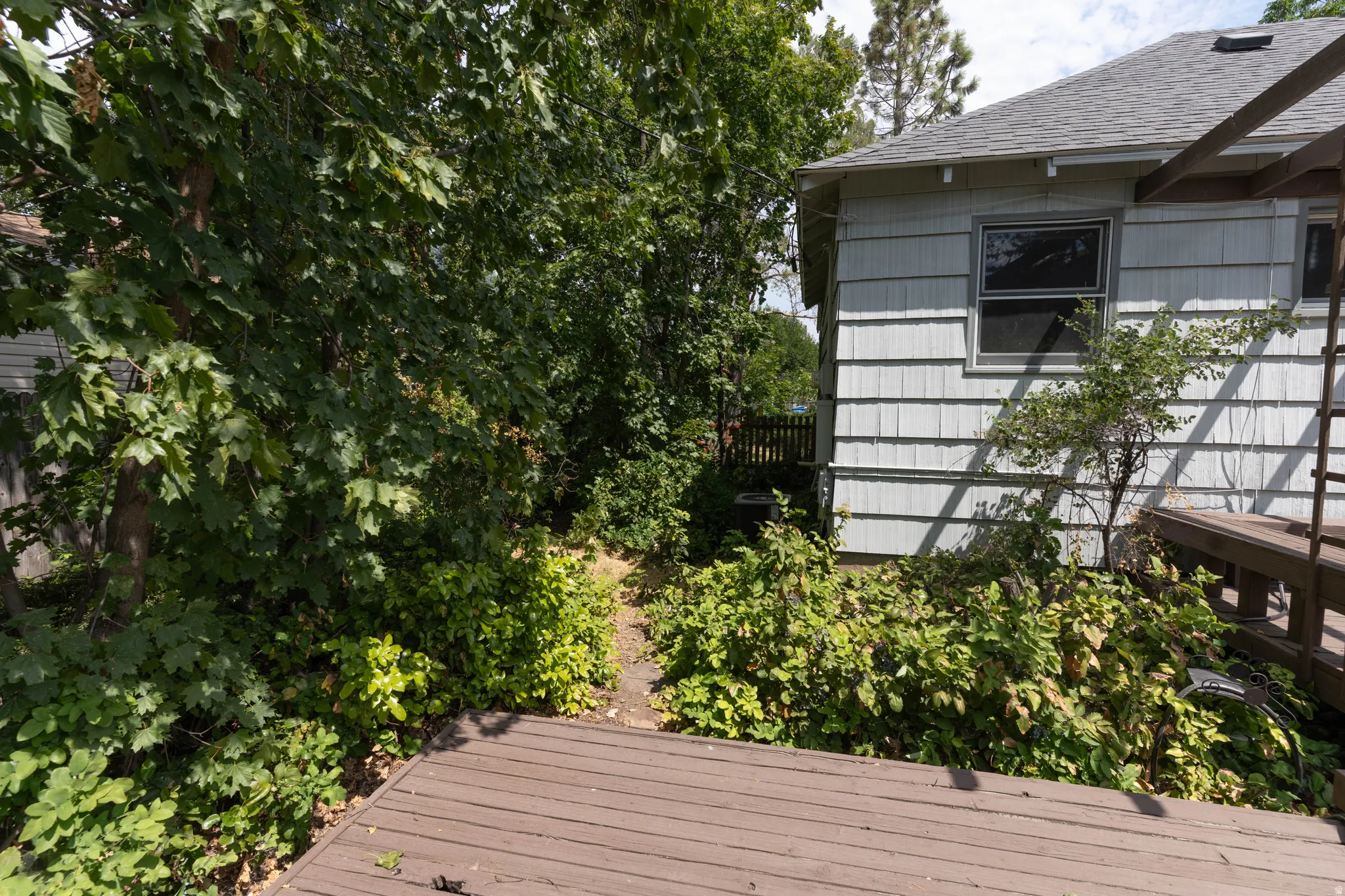 Wood-finish deck with surrounding mature trees and foliage