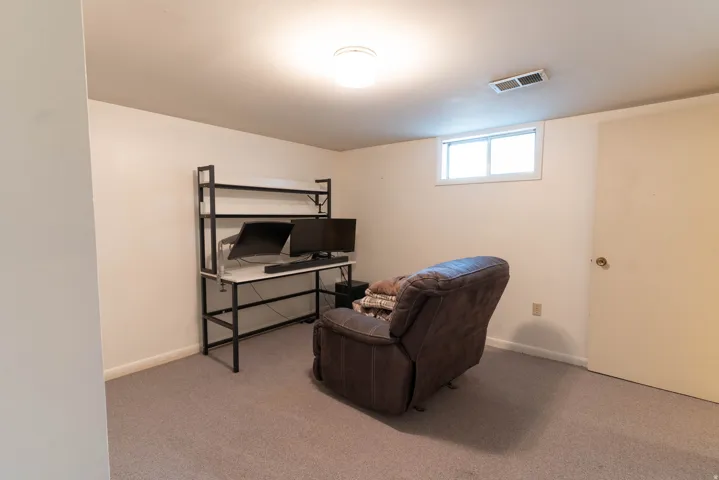Carpeted room featuring a single window, white walls, and a white ceiling with a flush-mount light fixture