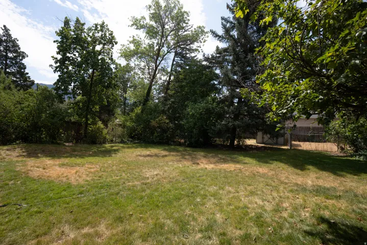 Expansive green lawn surrounded by mature trees and shrubs, with a wood fence bordering the rear property line