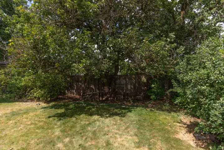 Expansive green lawn with mature trees providing natural shading, bordered by a wood fence