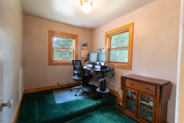 Room with two wood windows featuring natural wood trim, light-colored walls, and green carpet