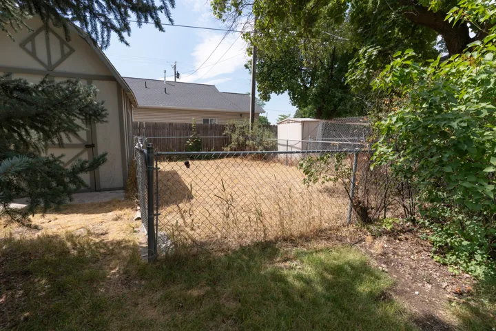 Chain-link fence enclosing a partially shaded yard space with a visible storage shed and mature trees