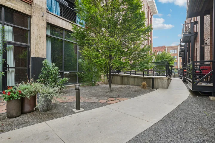 Concrete pathway bordered by gravel landscaping, featuring mature trees and various potted plants