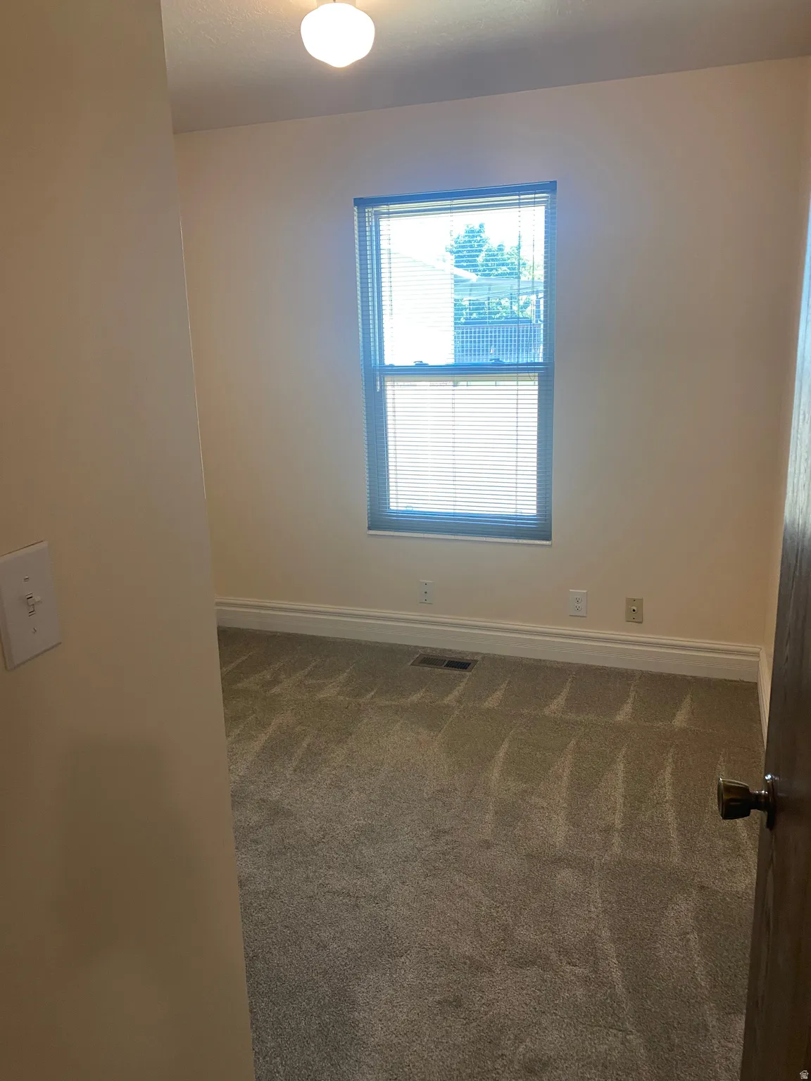 Room featuring neutral wall paint, gray carpeting, a window with horizontal blinds, white baseboards, and a ceiling-mounted light fixture