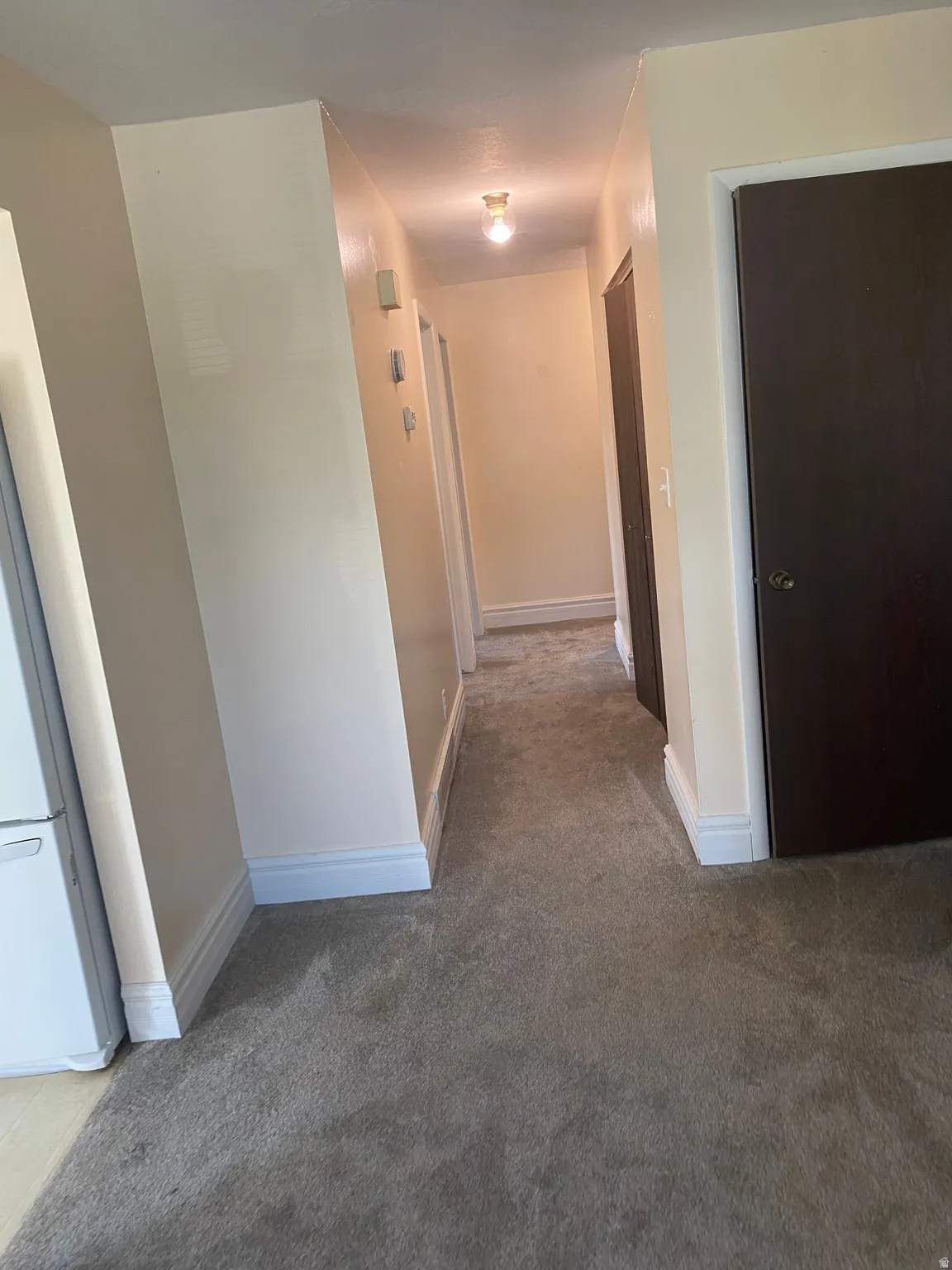 Hallway featuring neutral-toned walls, white baseboards, and wall-to-wall carpeting