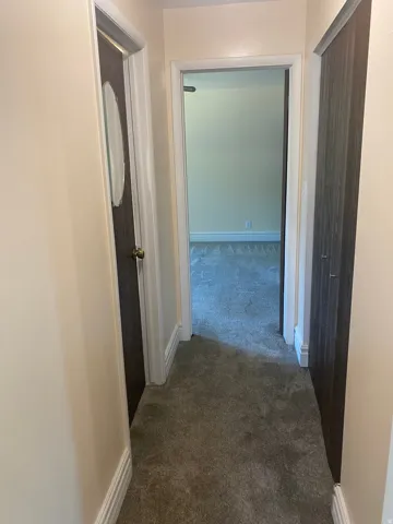 Hallway with plush gray carpeting and light beige wall paint