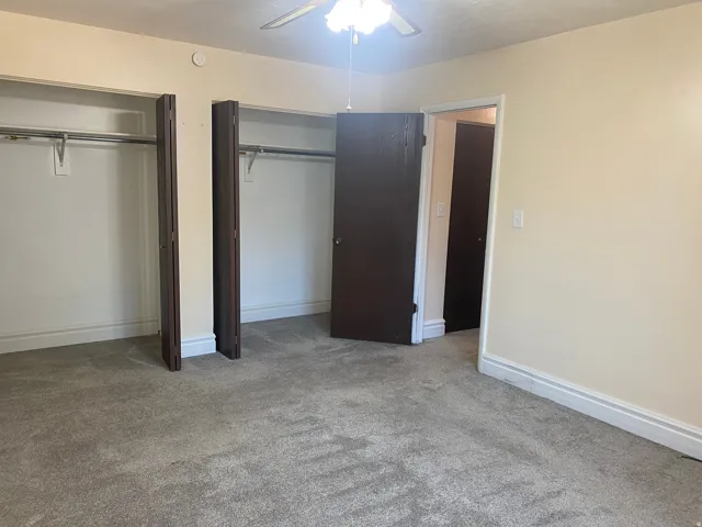 Carpeted room with a ceiling fan light fixture, two open closet spaces with hanging rods, and dark-paneled doors