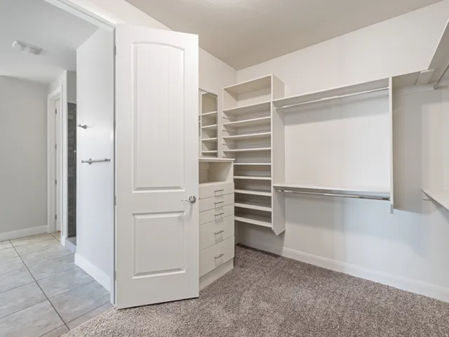 Walk-in closet featuring extensive built-in shelving, multiple hanging rods, integrated drawers, and neutral carpeting