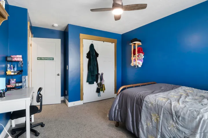 Blue-painted walls, a ceiling fan with integrated lighting, and carpeted flooring