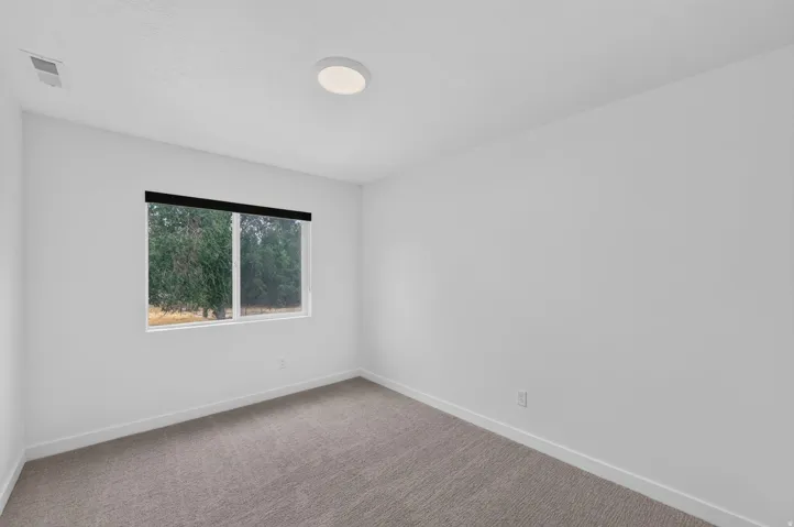 Bright room featuring a large window, neutral wall paint, and a textured carpet