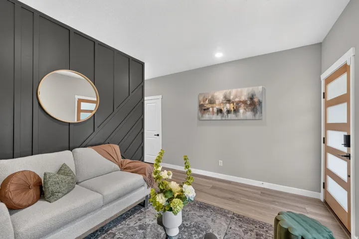 Feature wall with dark vertical and diagonal paneling