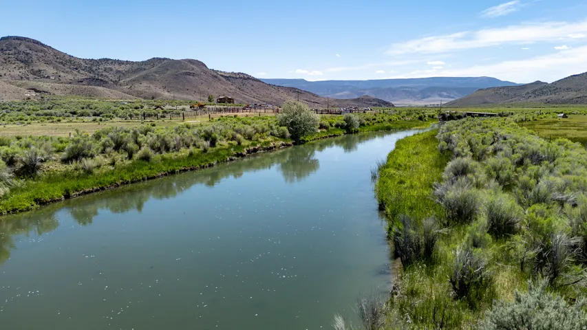 River frontage with natural vegetation and distant hills
