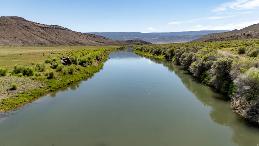 Serene river frontage with diverse vegetation, backed by rolling hills and distant mountains under a clear sky