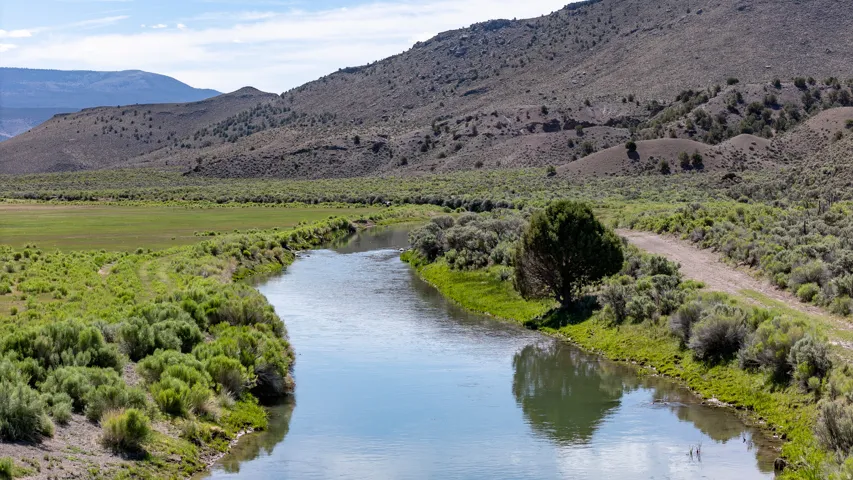 River meandering through a natural landscape featuring a dirt path, green vegetation, and distant hills under a blue sky