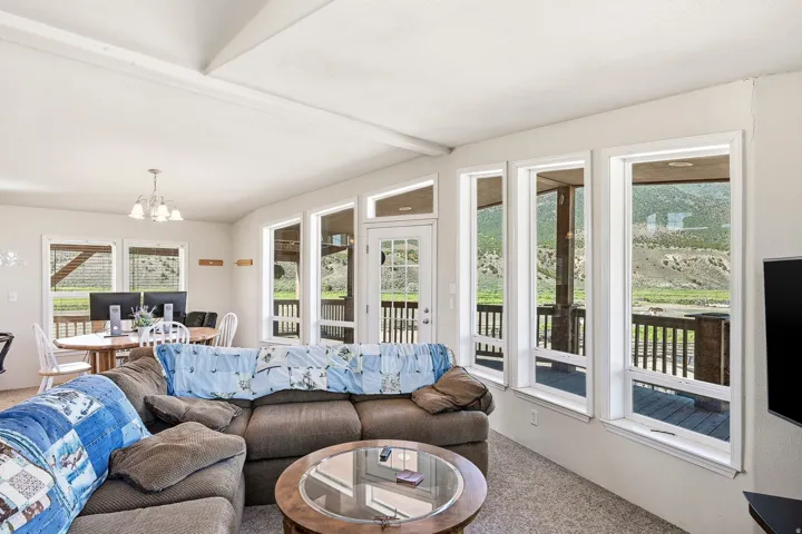Bright living space featuring multiple large windows, a glass-paneled exterior door, and a textured carpeted floor