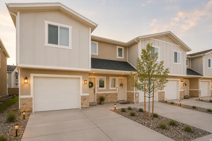 Multi-level townhouse exterior featuring light stucco and vertical panel siding