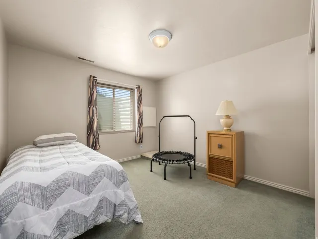 Room featuring light-toned walls, a window with blinds and drapes, and green carpeting