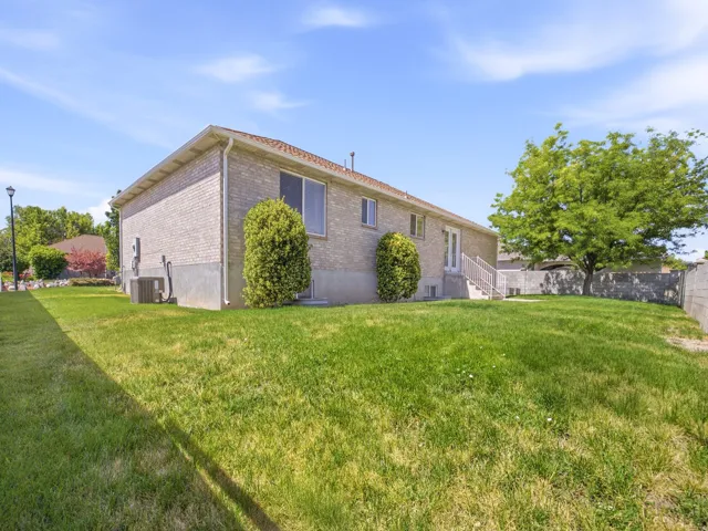 Expansive lawn area featuring a mature tree, light brick exterior, and a rear entry with steps
