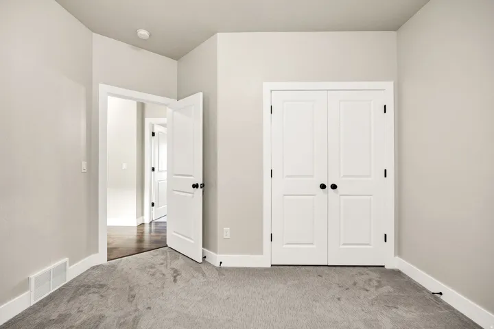 Neutral-toned room featuring a large double-door closet with matte black hardware, light gray carpeting, and white trim