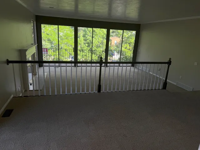 Open loft area featuring carpeting and a white spindle railing with dark wood handrails