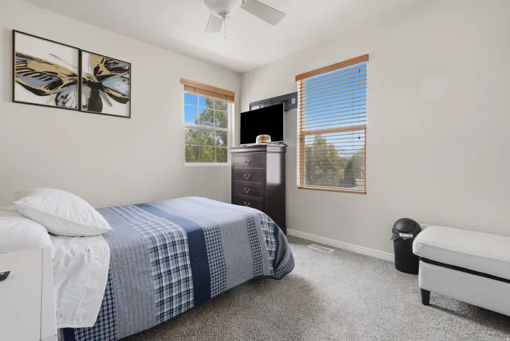 Carpeted room featuring light-colored walls, a ceiling fan, and two windows with wood-finish blinds