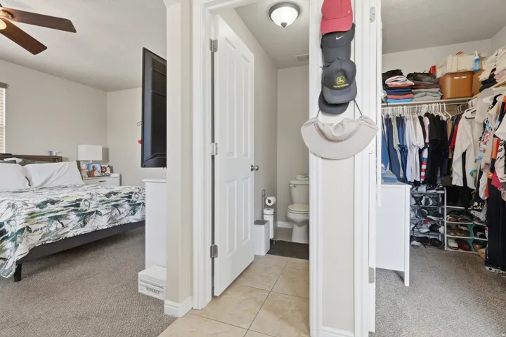 Carpeted bedroom area featuring a ceiling fan, window with blinds, and light-colored walls
