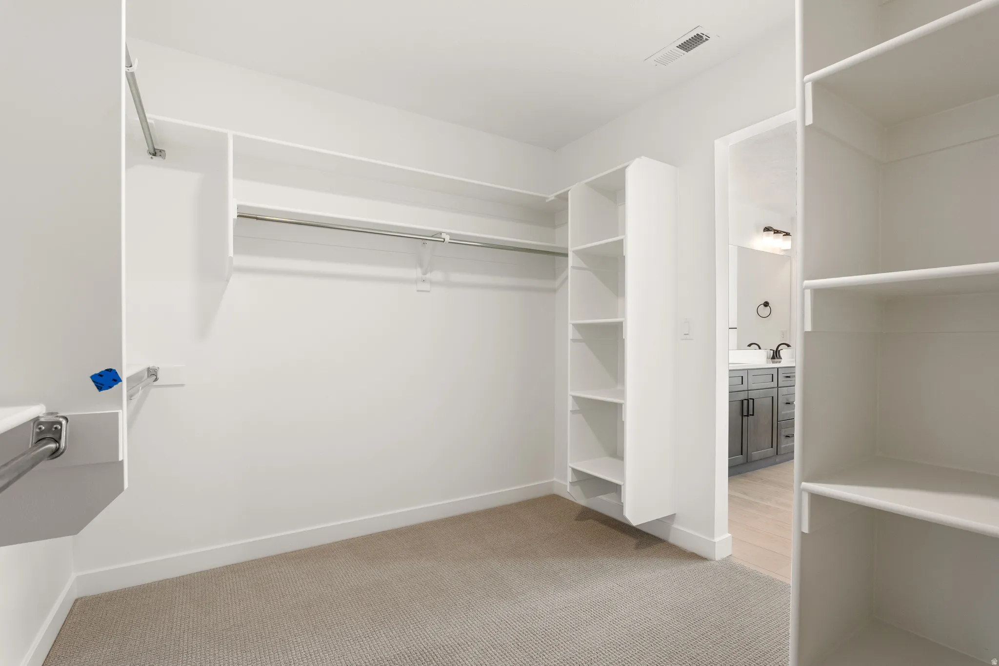 Walk-in closet featuring built-in shelving, hanging rods, and neutral-toned carpeting