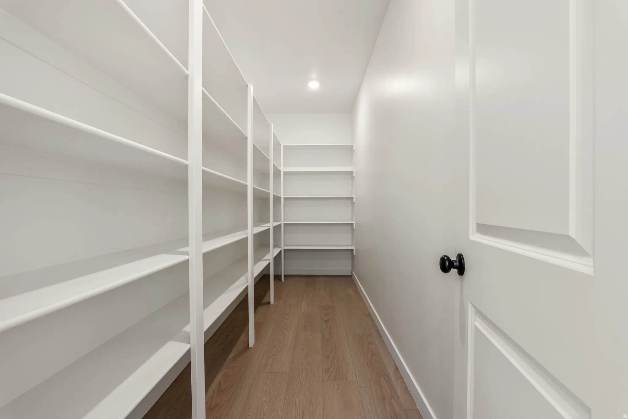 Walk-in pantry featuring extensive white shelving, recessed ceiling lighting, a paneled door with a black knob, and wood-finish flooring