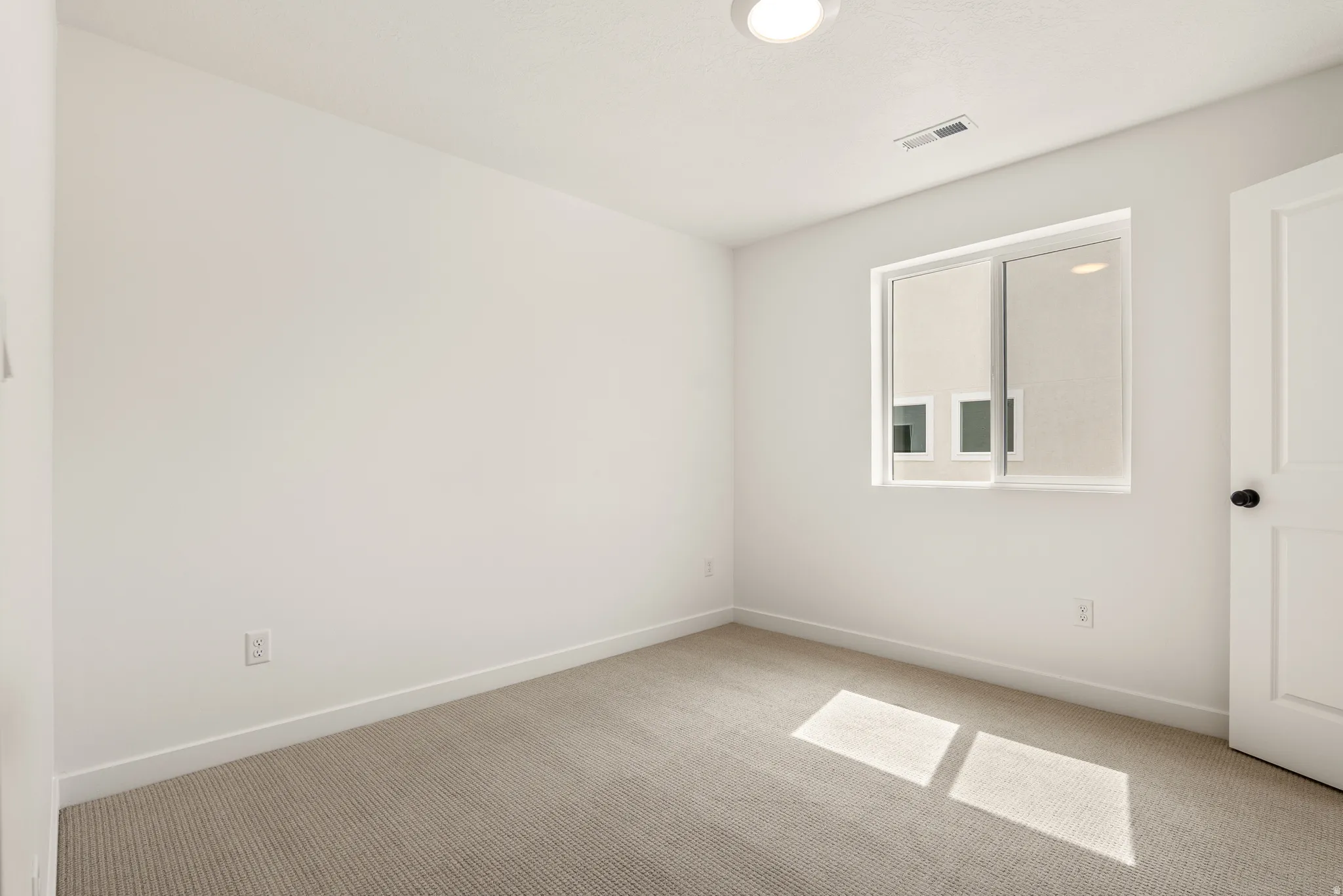 Carpeted room featuring a double-pane window, white trim, and a white interior door with a matte black knob
