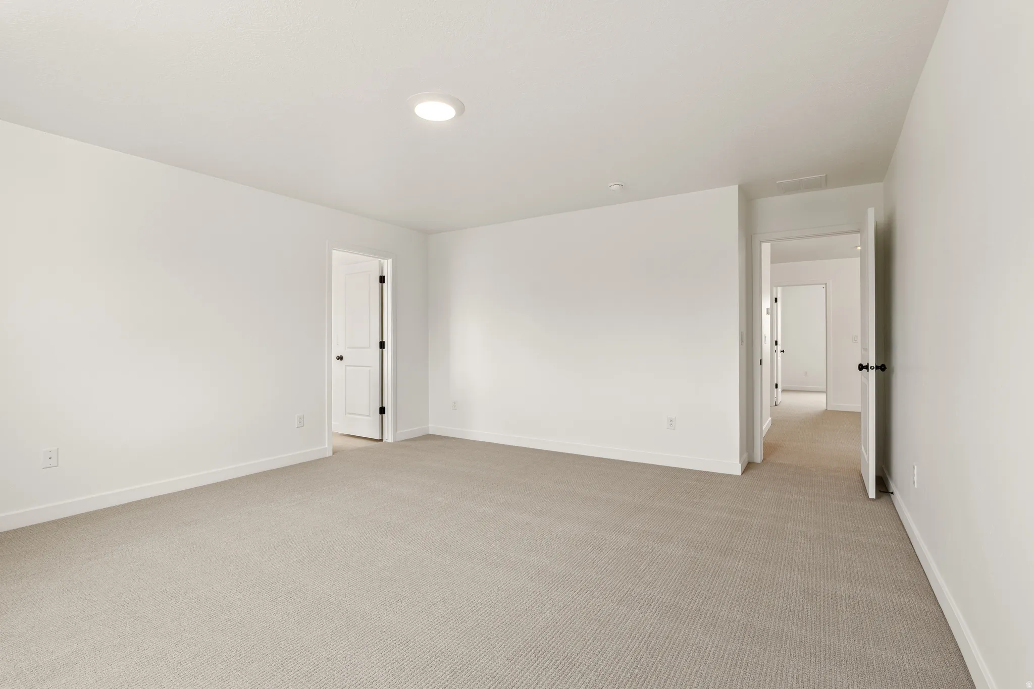 Expansive room featuring light-toned carpeting and crisp white walls