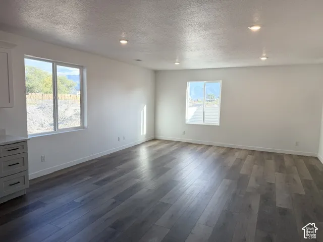 Spacious living area featuring wood-finish flooring, recessed lighting, and multiple windows