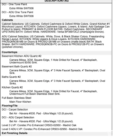 Description/Tag section. Outlining specific material selections for paint, cabinets, countertops, and flooring within the property
