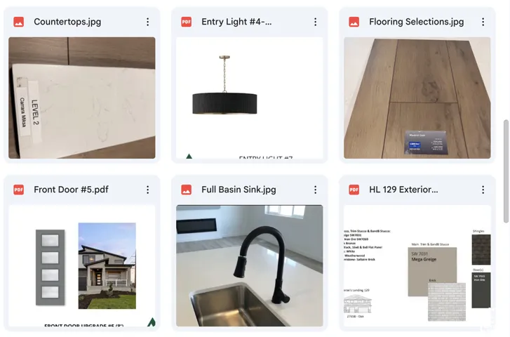 Collection of interior and exterior finish selections. Displaying various material choices for the property