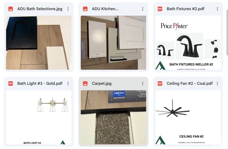 Image gallery. Displaying various material and fixture selections for the property