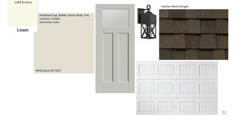 Property Specification Document. Illustrating exterior material and color selections for the property