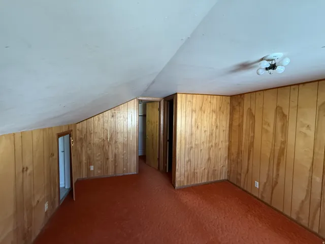 Sloped ceiling room featuring wood paneling, orange carpet, and a ceiling light fixture