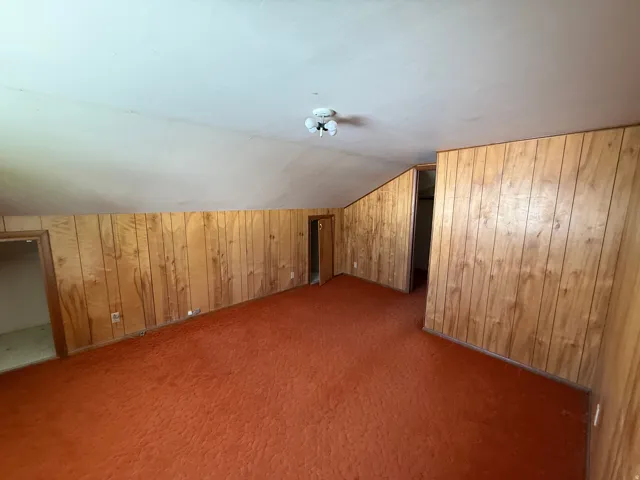 Room featuring wood-finish paneling, orange textured carpeting, and a sloped white ceiling with a flush-mount light fixture