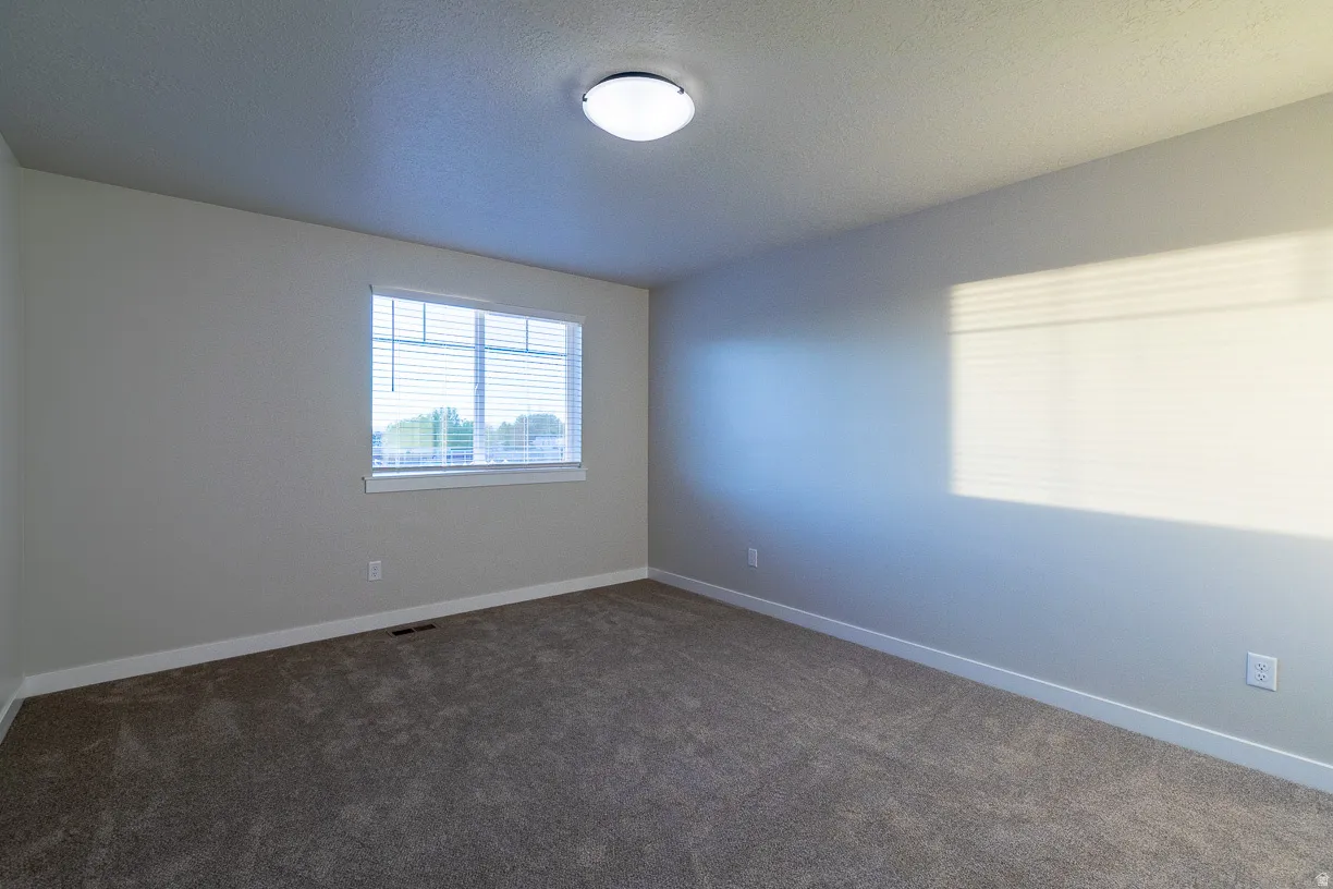 Carpeted bedroom with a ceiling-mounted light fixture and a window featuring horizontal blinds
