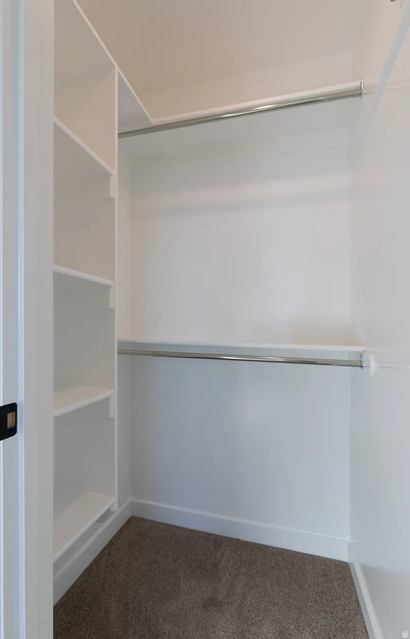 Bedroom custom closet storage with white shelving, dual hanging rods, and neutral-toned carpeting