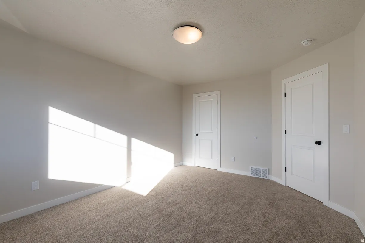 Carpeted interior bedroom with light neutral wall paint, two white two-panel doors with black hardware, and a ceiling-mounted flush light fixture