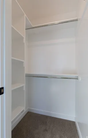 Bedroom custom closet storage with white shelving, dual hanging rods, and neutral-toned carpeting