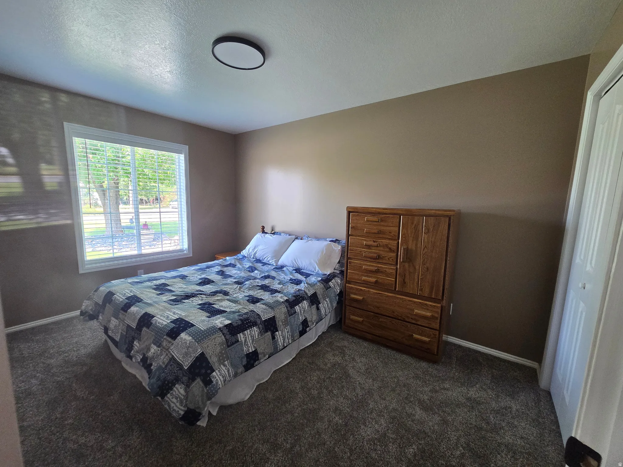 Carpeted room featuring a large window with horizontal blinds, neutral wall paint, and a white bi-fold closet door