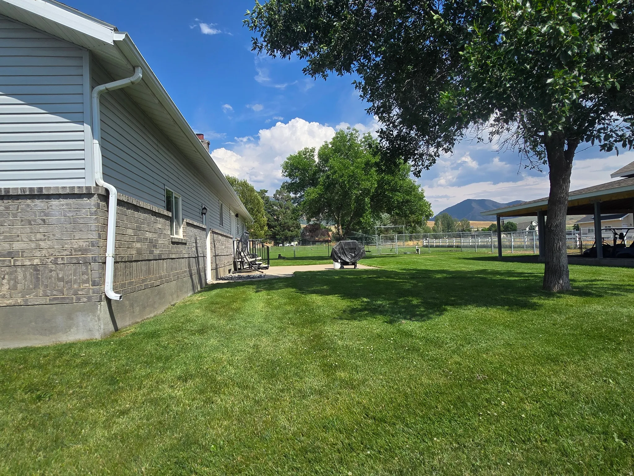 Expansive green lawn with mature shade trees, a concrete patio, and a covered outdoor structure