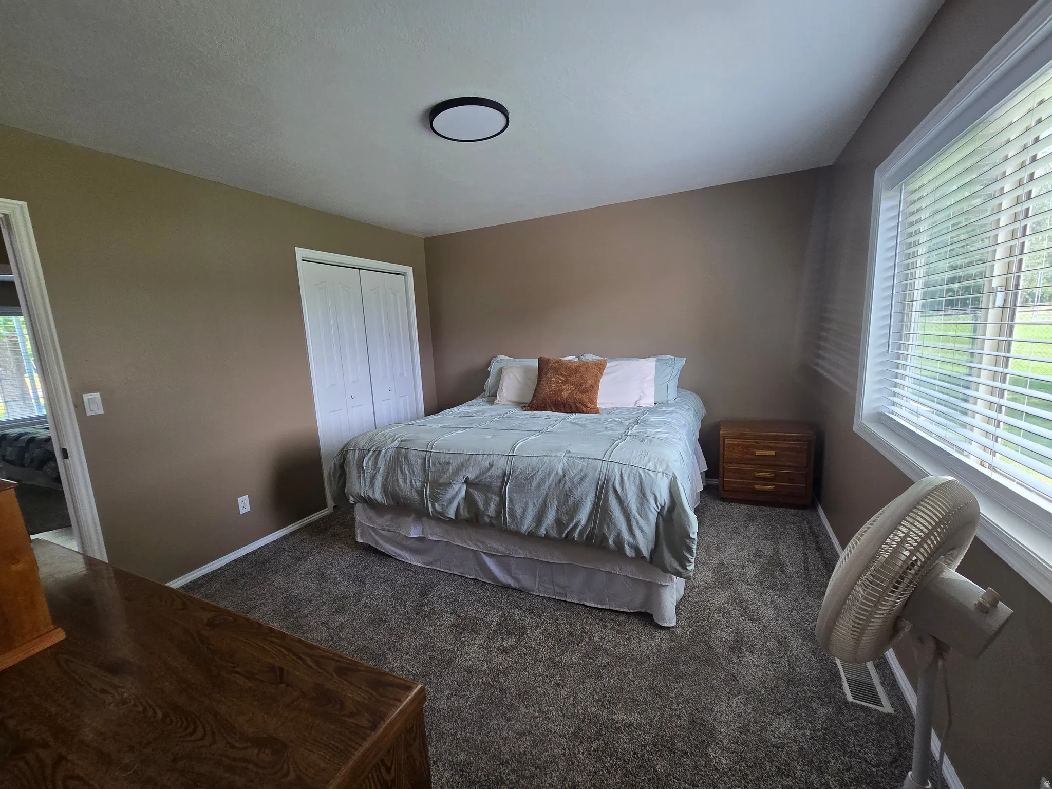Spacious bedroom featuring neutral wall tones, plush gray carpeting, a large window with white blinds, and a bi-fold closet with white paneled doors
