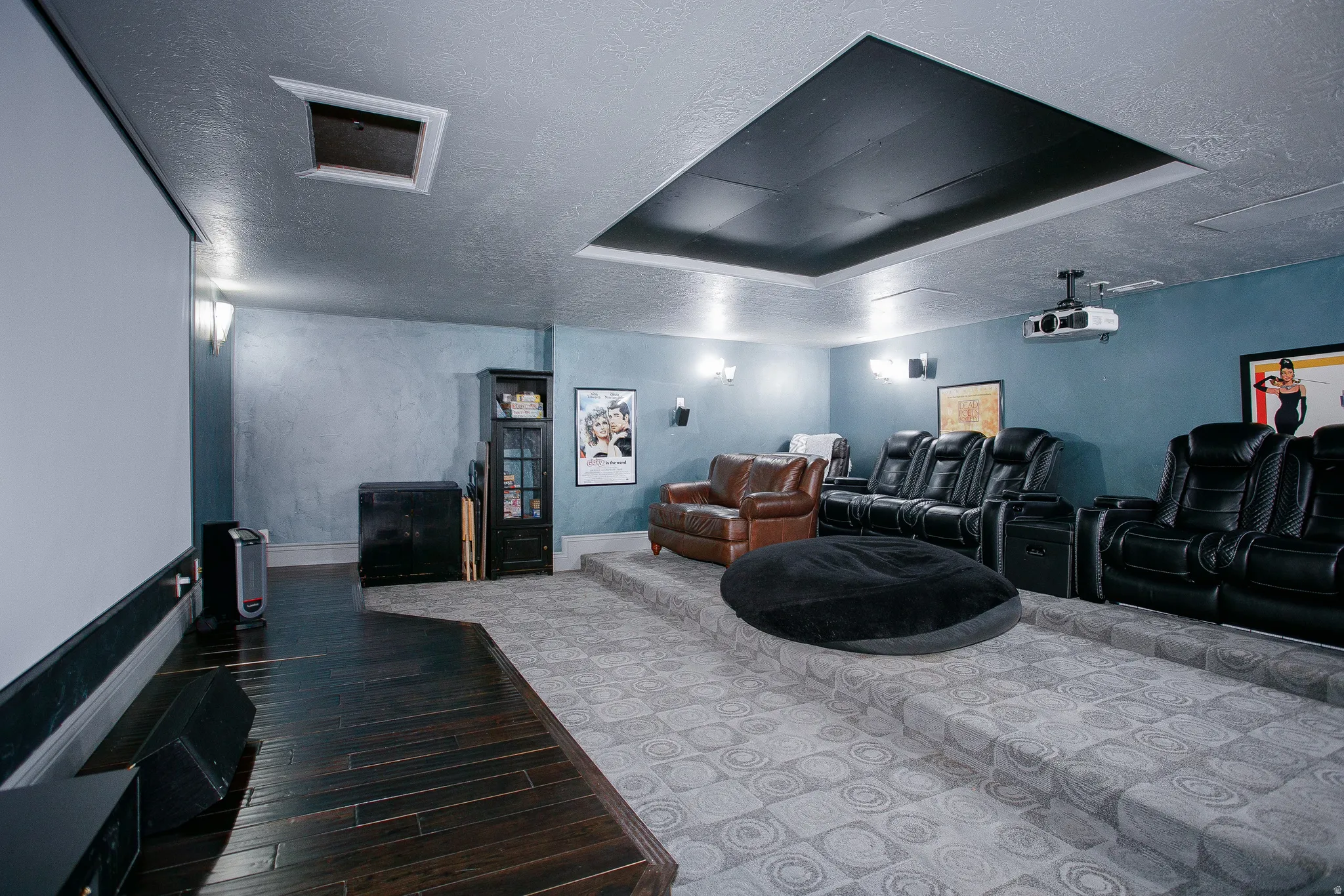 Dedicated theater room featuring tiered seating platforms and a large projection screen