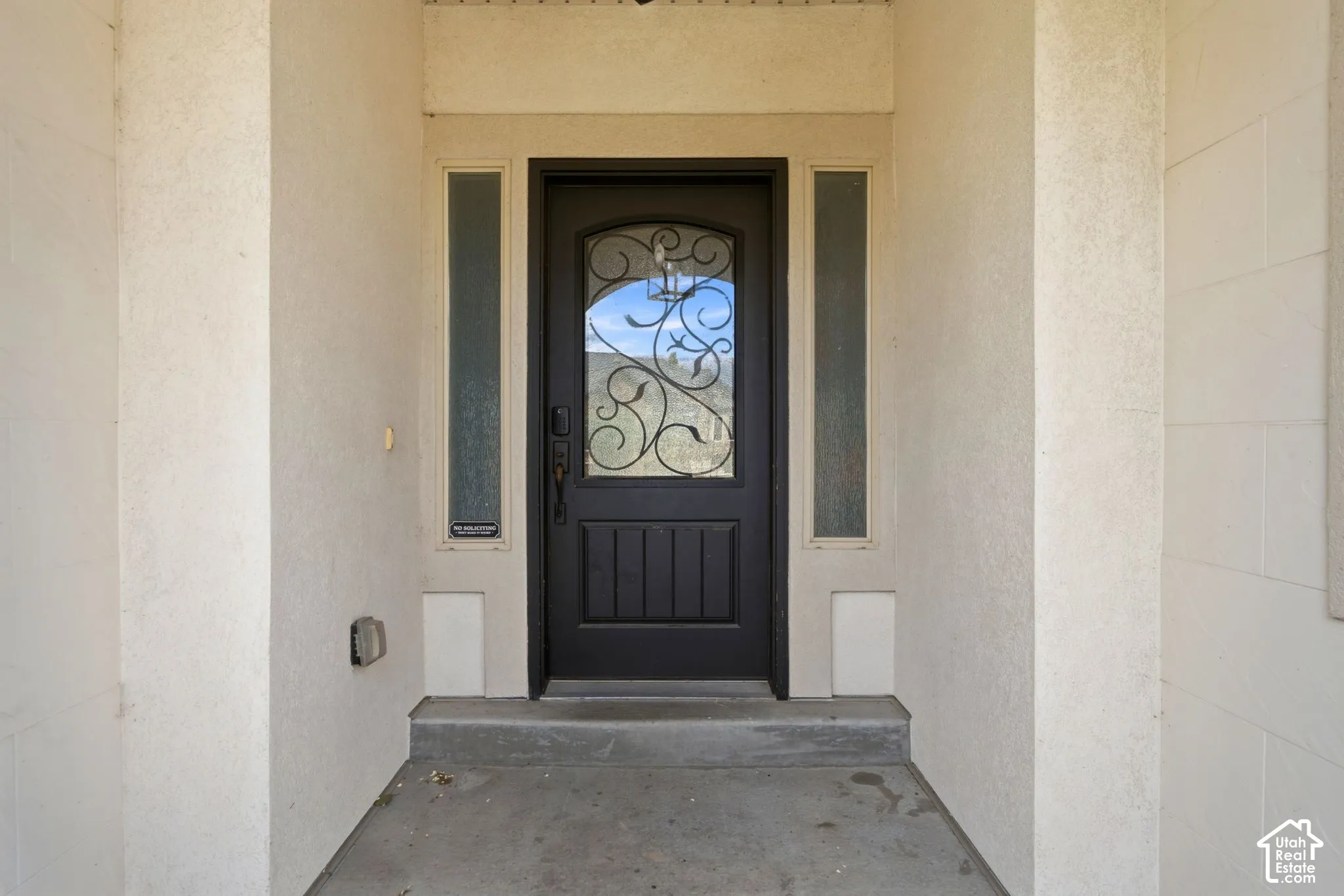 Ornate entry door featuring decorative ironwork and glass panels, flanked by two vertical sidelight windows