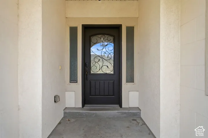 Ornate entry door featuring decorative ironwork and glass panels, flanked by two vertical sidelight windows