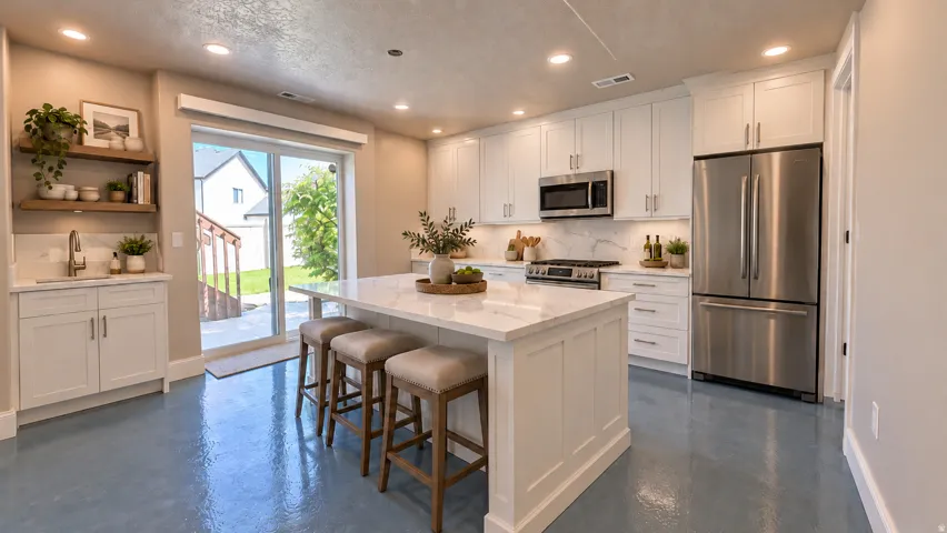 Kitchen created with AI to show potential of having a 2nd kitchen in existing flexroom in basement featuring white cabinetry, a central island with a solid surface countertop, stainless steel appliances.