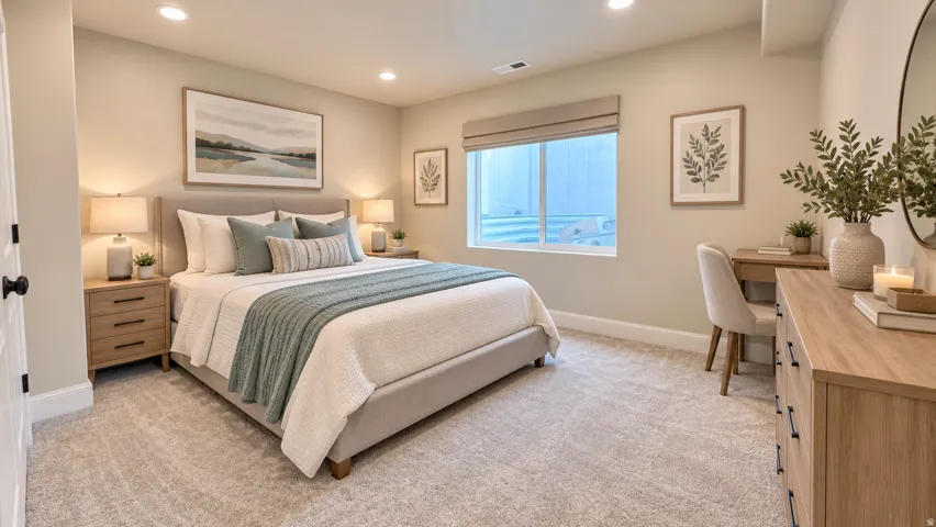 Basement bedroom with interior design created by AI to show potential of having bedroom with queen size bed and furniture. Recessed lighting illuminates neutral-toned walls and plush carpeting.